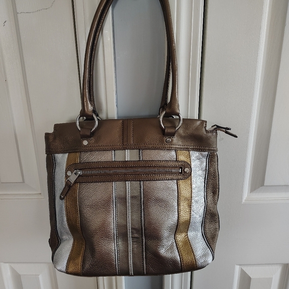 Tignanello Handbags - Tignanello Super Stripes Pebble Leather Metallic Shoulder Bag Tote